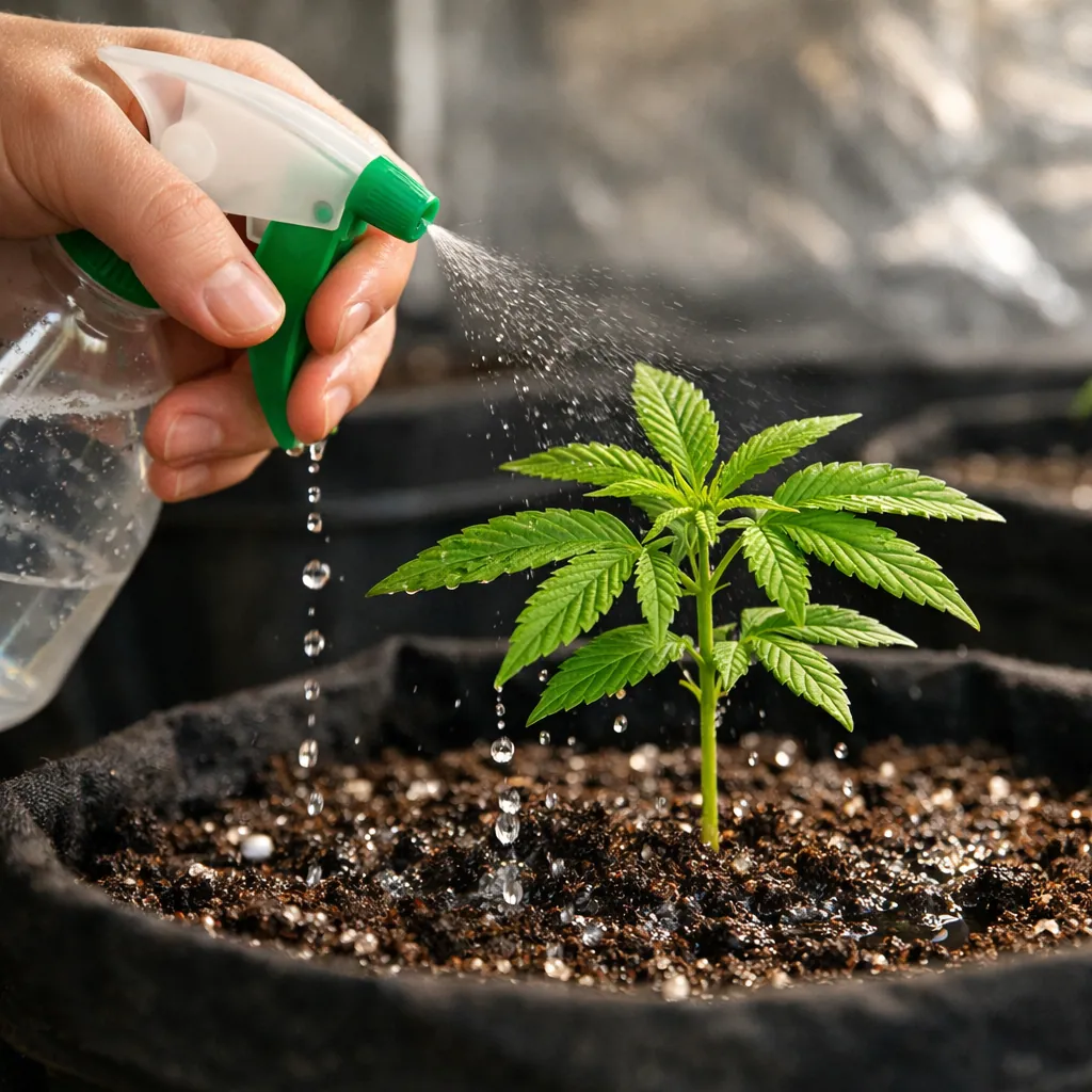 Riego de una planta de marihuana recién nacida