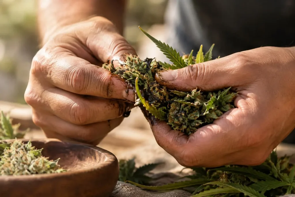 Manos frotando flores frescas de cannabis para extraer resina, técnica Charas